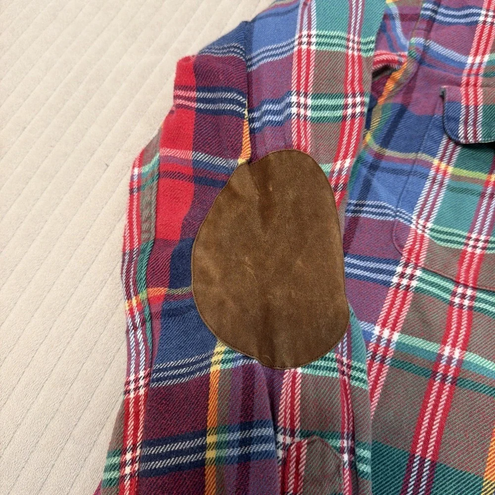 Polo Ralph Lauren L Plaid Flannel Shirt Elbow Patch Button Front Long Sleeve